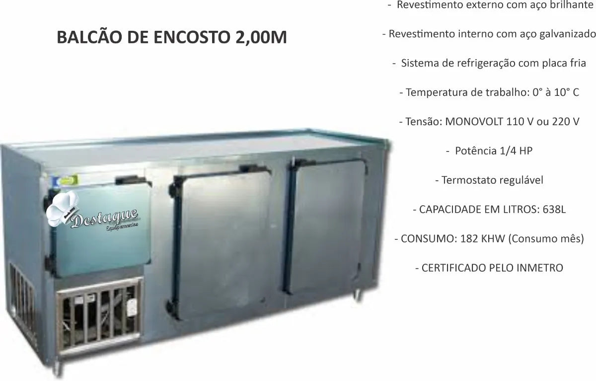 Balcão Refrigerado De Encosto 2.00 Em Aço C/cuba